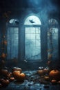 Halloween spooky background, scary pumpkins in creepy horror ghost castle. Royalty Free Stock Photo