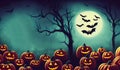 Happy Halloween background, scary pumpkins in creepy forest in night backdrop. Royalty Free Stock Photo