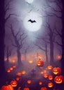 Happy Halloween background, scary pumpkins in creepy forest in night graveyard. Royalty Free Stock Photo