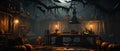 Halloween spooky background, scary pumpkins in creepy horror ghost house room. Royalty Free Stock Photo