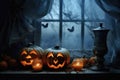 Halloween spooky background, scary pumpkins in creepy horror ghost house room. Royalty Free Stock Photo