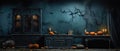 Halloween spooky background, scary pumpkins in creepy horror ghost house room. Royalty Free Stock Photo