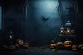Halloween spooky background, scary pumpkins in creepy horror ghost house room. Royalty Free Stock Photo