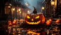 Halloween spooky background, scary pumpkins on street road. Generative AI Royalty Free Stock Photo