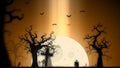 Halloween spooky background yellow theme, with the spooky tree , moon , bats , zombie hand and graveyard