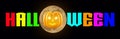 Halloween - A spooky Halloween banner with a full moon, a scary pumpkin with glowing eyes, set against a Black background Royalty Free Stock Photo