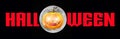 Halloween - A spooky Halloween banner with a full moon and a scary pumpkin with glowing eyes, set against a Black background Royalty Free Stock Photo