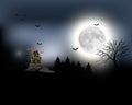 Halloween spooky black vector scenery background. Night image of full moon and bats and castle in the distance. Black and white