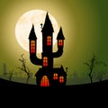 halloween spooky castle in front of full moon