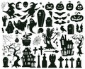 Halloween spooky elements. Cartoon halloween spooky evil silhouettes, witches, monsters and creepy ghost vector