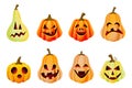 Halloween spooky emotion pumpkins icons collection. Vector flat cartoon illustration. Jack o lanterns face expression Royalty Free Stock Photo