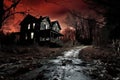 Halloween spooky horror house. red night sky. Royalty Free Stock Photo