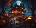 Halloween spooky house ai generated digital oil painting