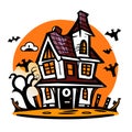 Halloween spooky house with flying bats. Vector cartoon illustration. Generative AI Royalty Free Stock Photo