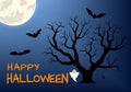 Halloween spooky night banner or background with full moon, Happy Halloween text, scary tree, bat silhouettes, spider web Royalty Free Stock Photo