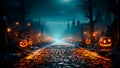 Halloween spooky night with an old road leading to haunted house. Generative AI