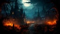 Halloween spooky night with an old road leading to haunted house. Generative AI