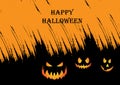 Halloween Spooky Nighttime Scene Horizontal Background, orange halloween banner with pumpkin and flying bats, spiders.