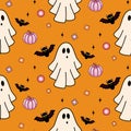 Halloween spooky orange seamless pattern background with ghosts and bats