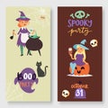 Halloween spooky party vector illustration banners set. Witch, pumpkin, black cat, magic cauldron and spider web Royalty Free Stock Photo