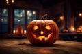 Halloween spooky pumpkin scary background with haunted house and full moon Royalty Free Stock Photo