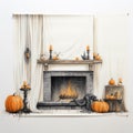 Hyperrealistic Living Room Fireplace With Halloween Decor Royalty Free Stock Photo