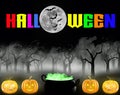 Halloween - Spooky Halloween woods with glowing pumpkins, a witch\'s cauldron and Black bats