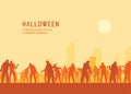 Halloween Spooky zombie crowd walking towards the town. Royalty Free Stock Photo