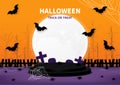 Halloween. Stage podium decorated with Halloween day elements, moon, bats, spiders, spider web, cross sign, gravestone on orange. Royalty Free Stock Photo