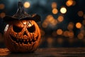 A Halloween staple Pumpkin head and eerie spider web decoration concept Royalty Free Stock Photo
