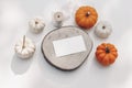 Halloween stationery still life. Blank business card, invitation mockup on cut wooden round board. White, orange little