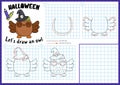 Halloween step by step drawing worksheet. How to draw an owl. Complete the picture by example activity. Vector autumn holiday Royalty Free Stock Photo