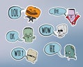 Halloween sticker pack. Zombie, skeleton, mummy and other scary characters with speech bubble. Vector illustration set. Royalty Free Stock Photo