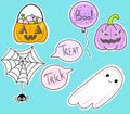 Halloween sticker set. Cute characters in cartoon style. Spider, ghost, pumpkin, treat or treat. Royalty Free Stock Photo