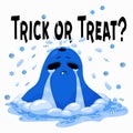 Halloween stickers. Blue cartoon monster crying with lollipops. Isolated on white background