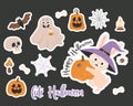 Halloween stickers. Cute rabbit character in witch hat with pumpkin and spider, pumpkin lantern jack, cobweb, ghost, bat