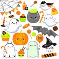 Halloween stickers, patches, badges. Cute pumpkin, ghosts, bat and other holiday symbols in kawaii style, Big collection of isolat