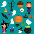 Halloween stickers, patches, badges. Cute pumpkin, ghosts, kids and other holiday symbols in kawaii style