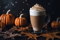 halloween still life with latte, decorations and pumpkins , holiday background