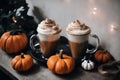 halloween still life with latte, decorations and pumpkins , holiday background