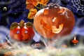 Halloween still life with pumpkins glowing in the night Royalty Free Stock Photo