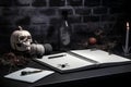 Halloween still life with pumpkins, skull, notebook and candlestick Royalty Free Stock Photo