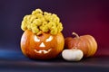 Halloween still life with three light and orange pumpkins with a glowing Royalty Free Stock Photo