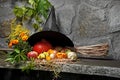 Halloween still life with witch hat and broom Royalty Free Stock Photo