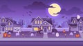 Halloween street houses. Decorated haunted house background, horror carnival night city with creepy pumpkin building Royalty Free Stock Photo