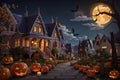 Halloween, street with houses, full moon shining brightly, whole street covered in pumpkins. Generative AI Royalty Free Stock Photo