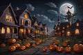 Halloween, street with houses, full moon shining brightly, whole street covered in pumpkins. Generative AI Royalty Free Stock Photo