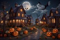 Halloween, street with houses, full moon shining brightly, whole street covered in pumpkins. Generative AI Royalty Free Stock Photo