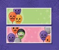 Halloween striped frankenstein and pumpkin balloons in frames with spiderwebs vector design