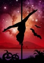 Halloween style silhouette of female pole dancer. performing pole moves in front of river and stars. Pole dancer in front of space